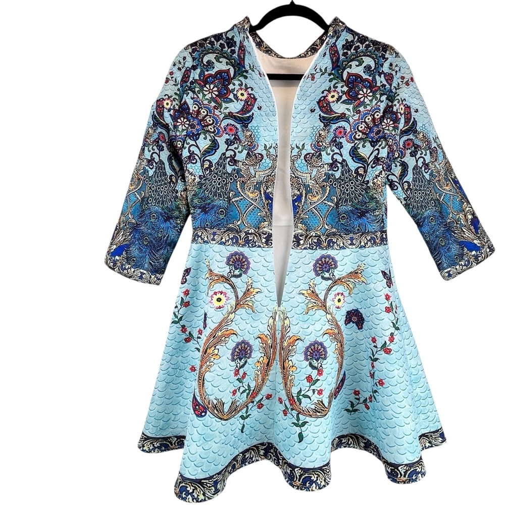 Comino Couture London Peacock Skater Dress Blue Baroque Print Party Event XS / S - Picture 5 of 10